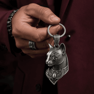 Bastet Silver Keychain